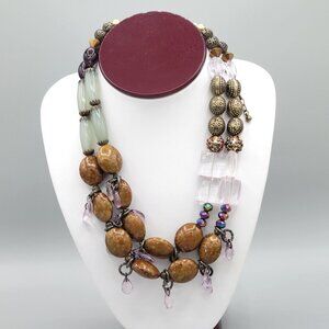 Handmade Chunky Boho Necklace Quartz Stones Metal Accents AB Beads Lobster Clasp